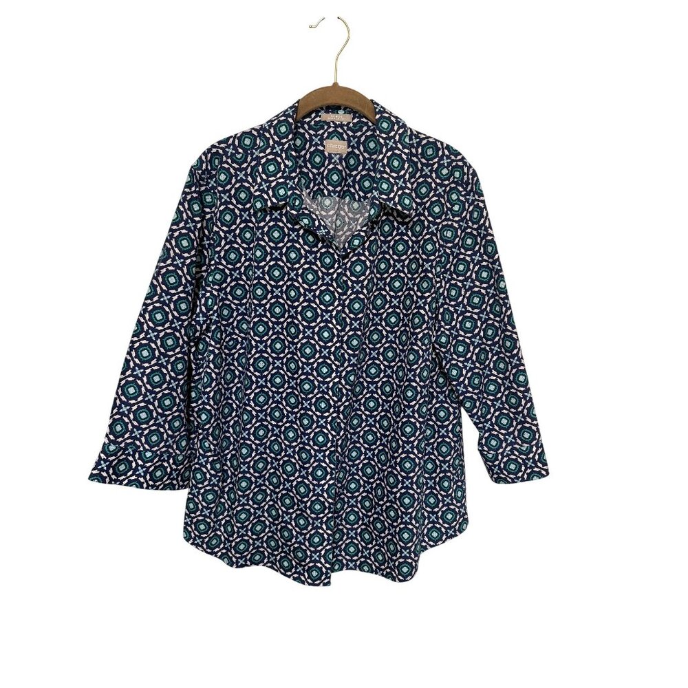 Chico's No Iron Blouse White Blue Green Geometric  Collared Womans 2/L